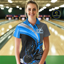 Load image into Gallery viewer, Custom Black, Blue And Gray Flame Bowling Polo Shirt For Women, Bowling Team League Shirt IPHW9274