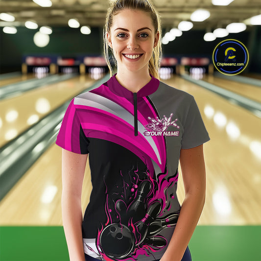Custom Black, Pink And Gray Flame Bowling Women Quarter-Zip Shirt, Bowling League Shirt IPHW9275