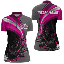 Load image into Gallery viewer, Custom Black, Pink And Gray Flame Bowling Women Quarter-Zip Shirt, Bowling League Shirt IPHW9275
