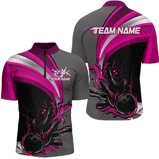 Custom Black, Pink And Gray Flame Bowling Quarter-Zip Shirts For Men, Bowling Team League Shirt IPHW9275