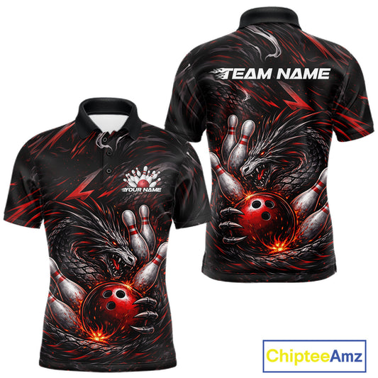 Custom Black And Red Dragon Bowling Jerseys, Dragon Bowling Team Men Polo Shirt IPHW10362