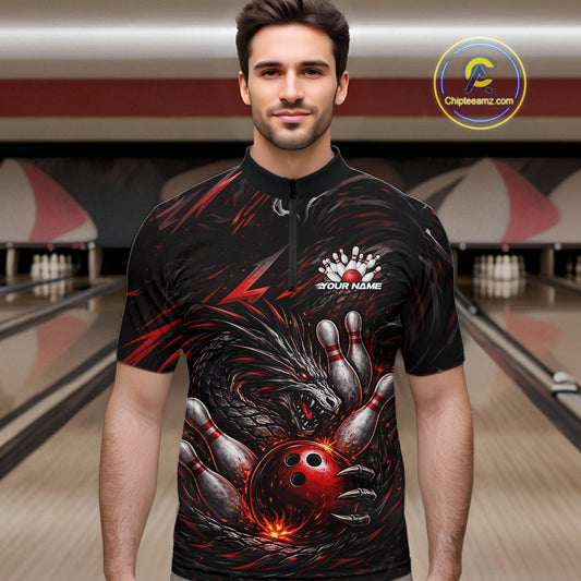 Custom Black And Red Dragon Bowling Jerseys, Dragon Bowling Team Men Quarter-Zip Shirt IPHW10362