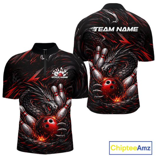 Custom Black And Red Dragon Bowling Jerseys, Dragon Bowling Team Men Quarter-Zip Shirt IPHW10362