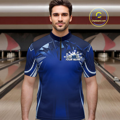 Custom Blue Bowling Tournament Bowling Quarter-Zip Shirts For Men With Team Name IPHW9280