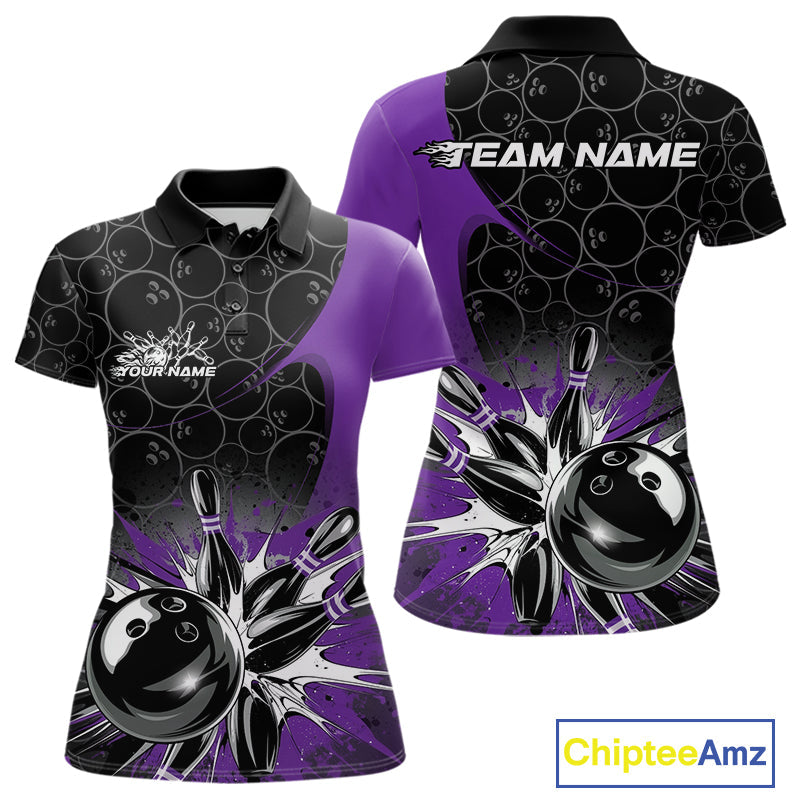 Custom Purple Bowling Team Polo Shirts For Women, Bowling Pattern Bowling League Shirt IPHW9624