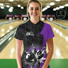 Load image into Gallery viewer, Custom Purple Bowling Team Women Quarter Zip Shirt, Bowling Pattern Bowling League Shirt IPHW9624