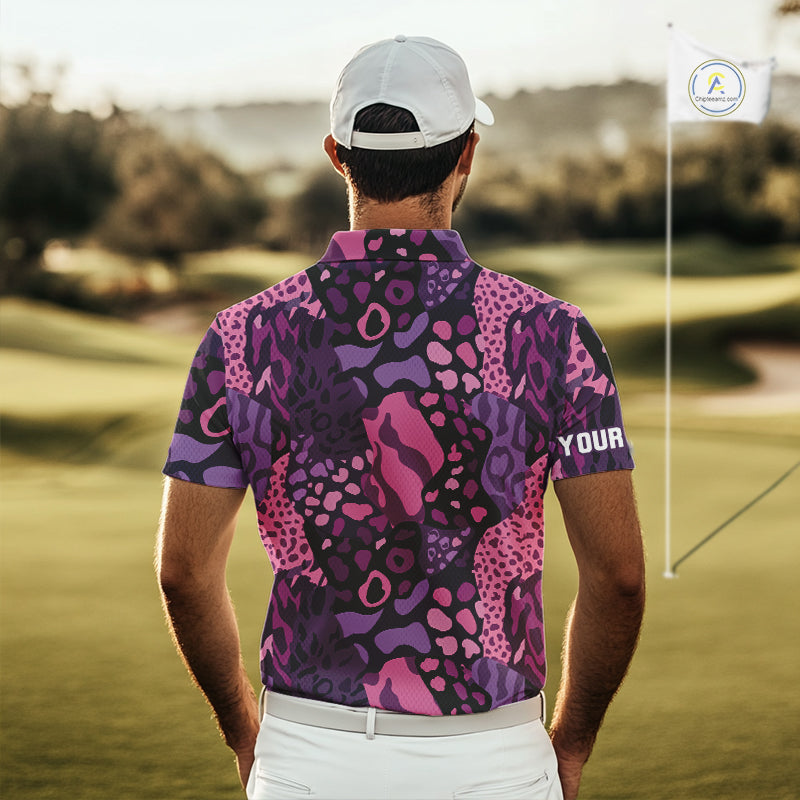 Pink and purple animal prints pattern Mens Golf Polo Shirts Custom Mens golf tops, golfing gifts NQS10243