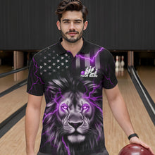 Load image into Gallery viewer, Custom Purple Thunder Lightning Patriotic Lion Polo Shirts For Men, US Flag Bowling Jerseys IPHW9324