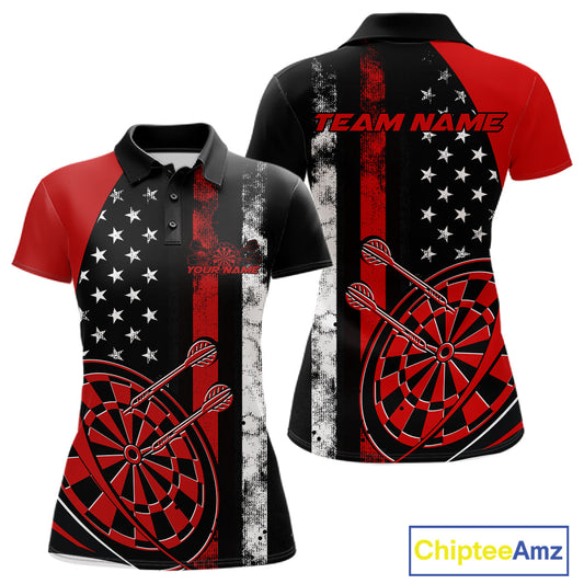 Custom Red Thin Line US Flag Patriotic Dartboard Dart Women Polo Team Shirt, Dart Jersey IPHW9644