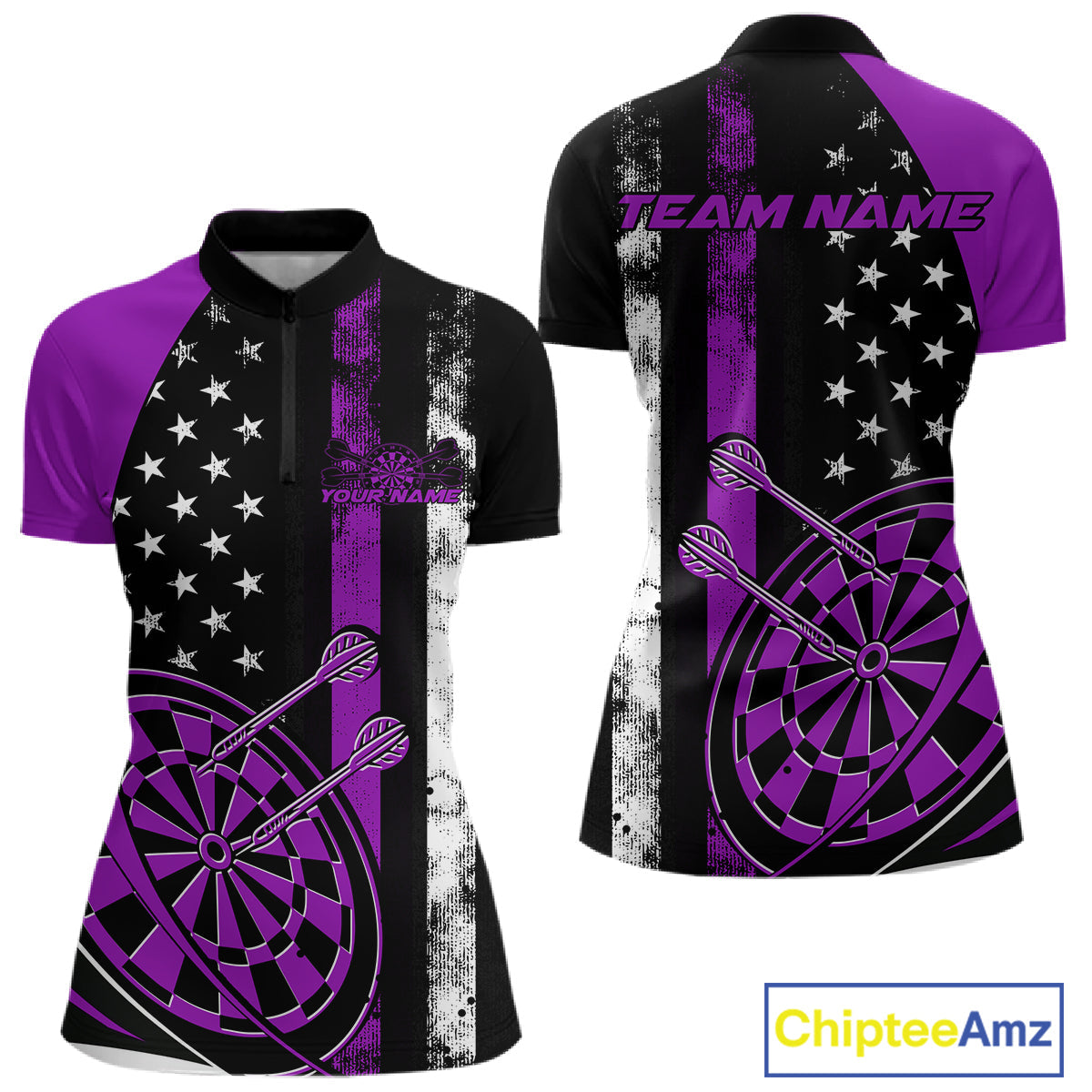 Custom Purple Thin Line US Flag Patriotic Dartboard Dart Women Quarter-Zip Team Shirts IPHW9647