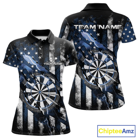 Custom Blue Thunder Lightning Patriotic Dart Women Polo Shirts, Vintage Dart Jerseys IPHW9655