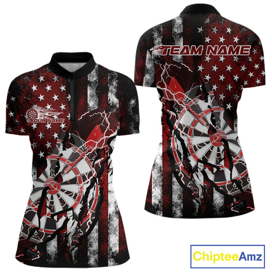 Custom Red Thunder Lightning Patriotic Dart Team Quarter-Zip Shirt For Women, Dart Jersey IPHW9656