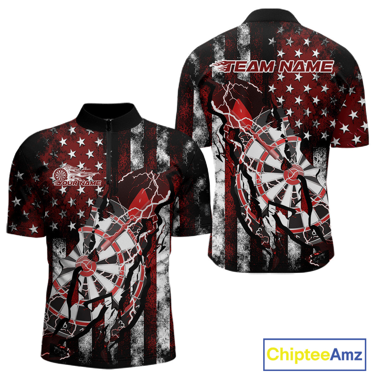 Custom Red Thunder Lightning Patriotic Dart Team Quarter-Zip Shirts For Men, Dart Jerseys IPHW9656