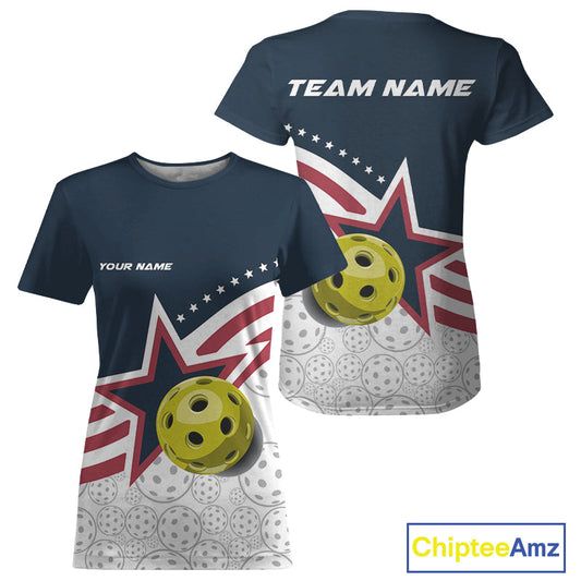 Custom Patriotic American Flag Pickleball T-Shirts For Women, US Flag Pickleball Jerseys IPHW9456