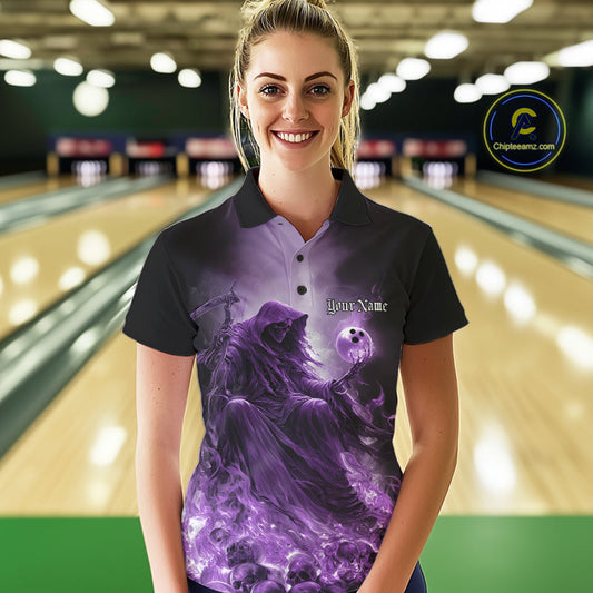 Custom Purple Flame Grim Reaper Bowling Women Polo Shirts, Halloween Bowling Team Outfit IPHW9468