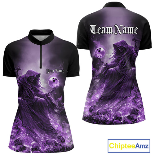Custom Purple Flame Grim Reaper Bowling Women Quarter-Zip Shirt, Halloween Bowling Outfit IPHW9468