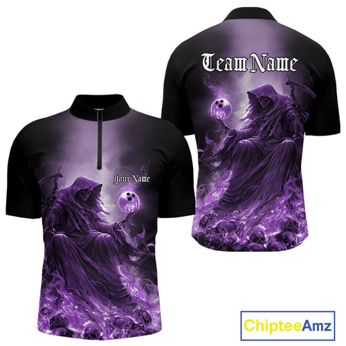 Custom Purple Flame Grim Reaper Bowling Men Quarter-Zip Shirts, Halloween Bowling Team Outfit IPHW9468