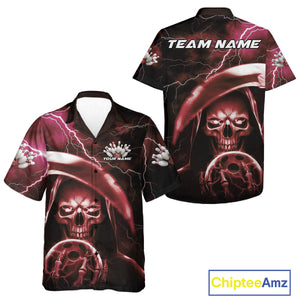 Custom Red Thunder Lightning Grim Reaper Skull Halloween Bowling Hawaiian Shirts For Men And Women IPHW9854