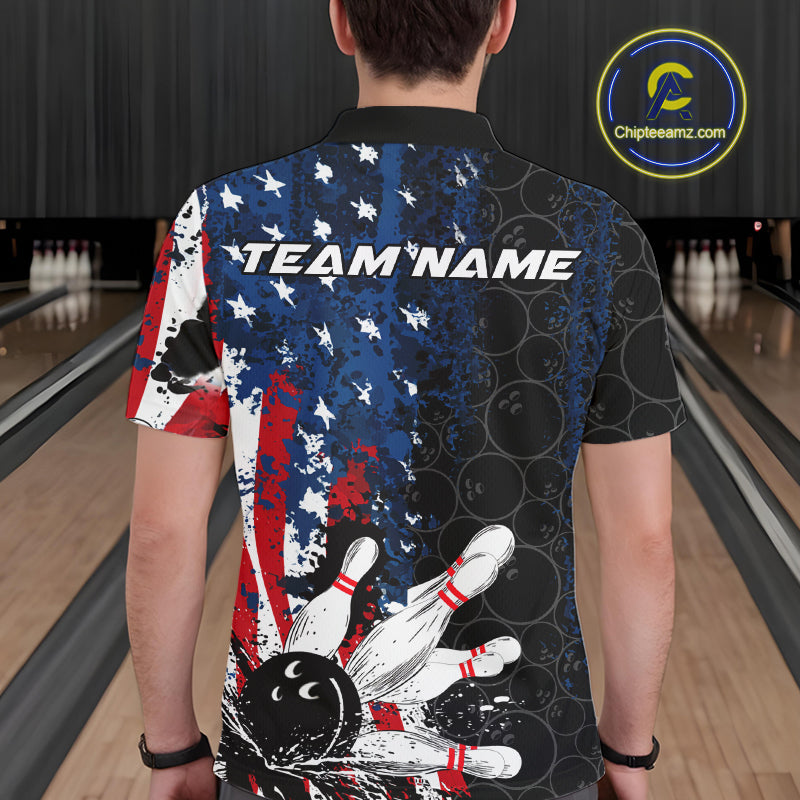 Custom Grunge Vintage American Flag Patriotic Bowling Team Jerseys, Bowling Men Polo Shirt IPHW9489