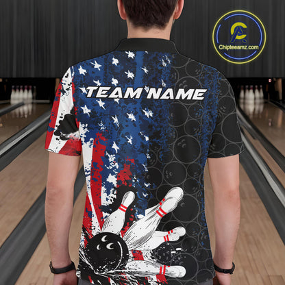 Custom Grunge Vintage American Flag Patriotic Bowling Team Jerseys, Bowling Men Polo Shirt IPHW9489