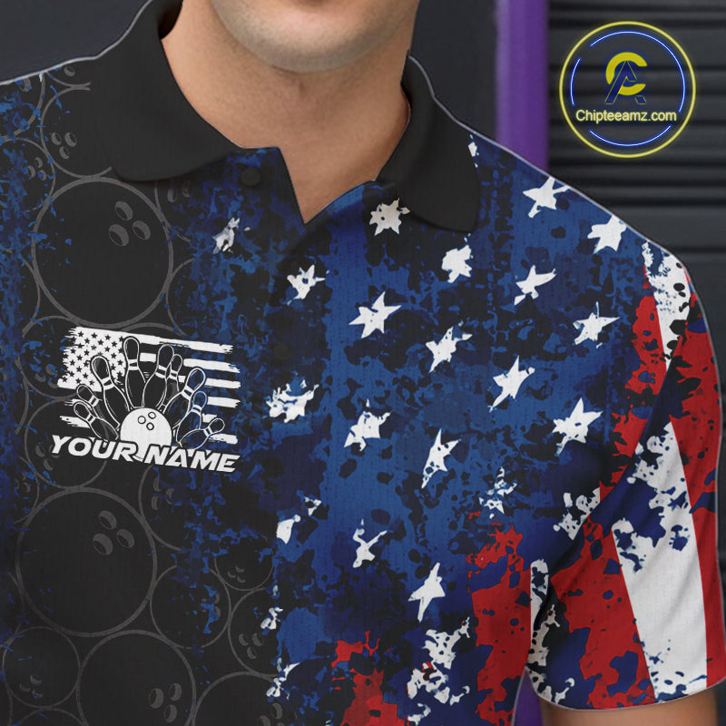 Custom Grunge Vintage American Flag Patriotic Bowling Team Jerseys, Bowling Men Polo Shirt IPHW9489