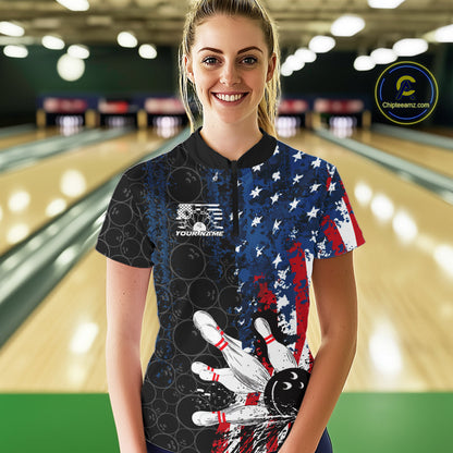 Custom Grunge Vintage American Flag Patriotic Bowling Jerseys, Women Quarter-Zip Shirt IPHW9489