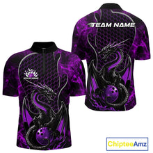 Load image into Gallery viewer, Custom Black And Purple Fire Flame Dragon Bowling Men Quarter-Zip Shirt, Dragon Bowling Jersey IPHW9865