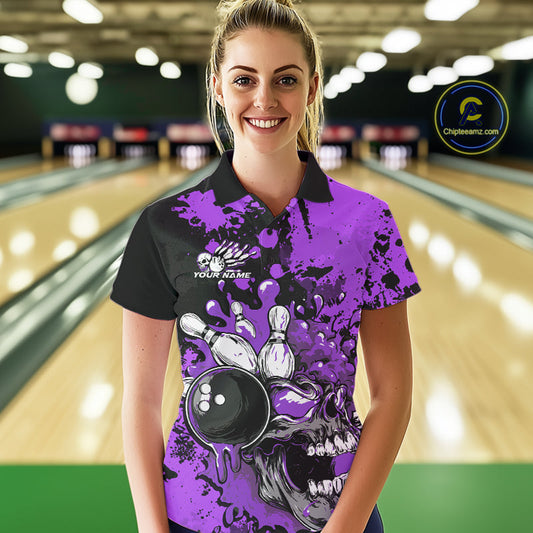 Custom Black And Purple Splatter Skull Bowling Team Women Polo Shirt, Halloween Outfit IPHW9726