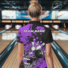 Load image into Gallery viewer, Custom Black And Purple Splatter Skull Bowling Team Women Polo Shirt, Halloween Outfit IPHW9726