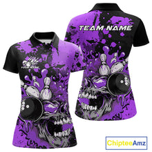 Load image into Gallery viewer, Custom Black And Purple Splatter Skull Bowling Team Women Polo Shirt, Halloween Outfit IPHW9726