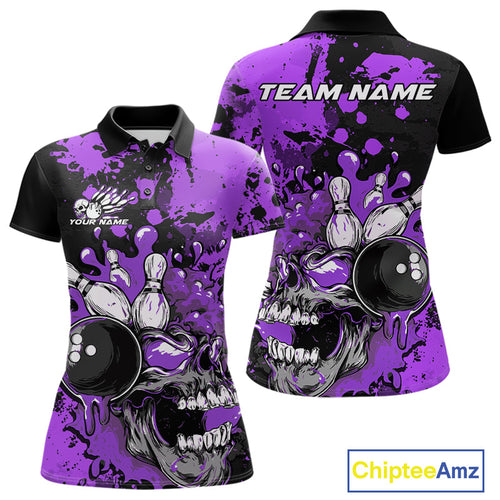 Custom Black And Purple Splatter Skull Bowling Team Women Polo Shirt, Halloween Outfit IPHW9726