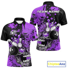 Load image into Gallery viewer, Custom Black And Purple Splatter Skull Bowling Team Men Polo Shirt, Halloween Outfit IPHW9726