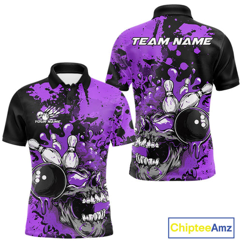 Custom Black And Purple Splatter Skull Bowling Team Men Polo Shirt, Halloween Outfit IPHW9726