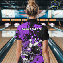 Load image into Gallery viewer, Custom Black And Purple Splatter Skull Bowling Women Quarter-Zip Shirt, Halloween Outfit IPHW9726