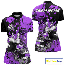 Load image into Gallery viewer, Custom Black And Purple Splatter Skull Bowling Women Quarter-Zip Shirt, Halloween Outfit IPHW9726