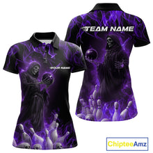 Load image into Gallery viewer, Custom Purple Flame Grim Reaper Bowling Polo Shirts For Women, Halloween Bowling Outfit IPHW9732