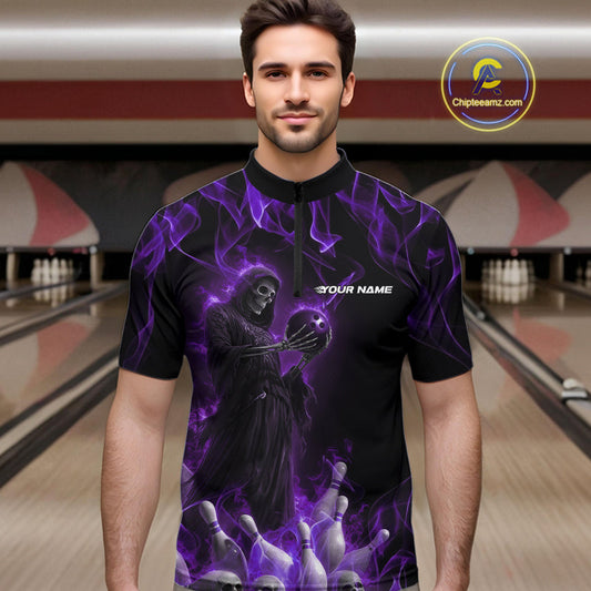 Custom Purple Flame Grim Reaper Bowling Quarter-Zip Shirts For Men, Halloween Bowling Outfit IPHW9732