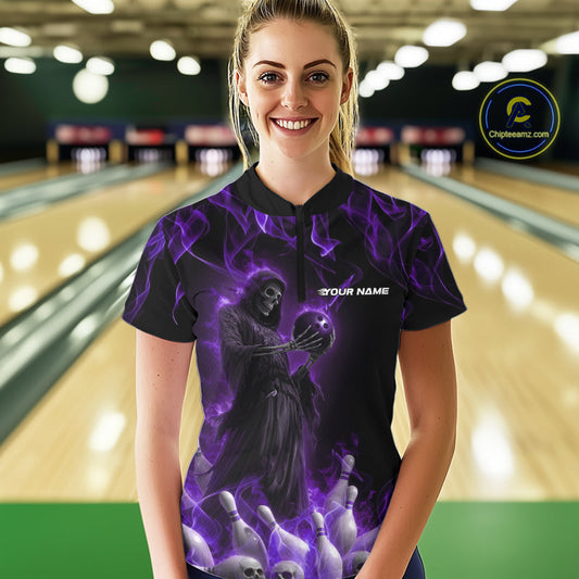 Custom Purple Flame Grim Reaper Bowling Women Quarter-Zip Shirt, Halloween Bowling Outfit IPHW9732