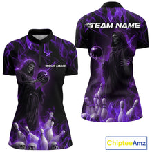 Load image into Gallery viewer, Custom Purple Flame Grim Reaper Bowling Women Quarter-Zip Shirt, Halloween Bowling Outfit IPHW9732