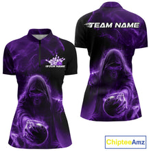 Load image into Gallery viewer, Custom Black And Purple Smoke Flame Grim Reaper Halloween Bowling Women Quarter-Zip Shirt IPHW9740