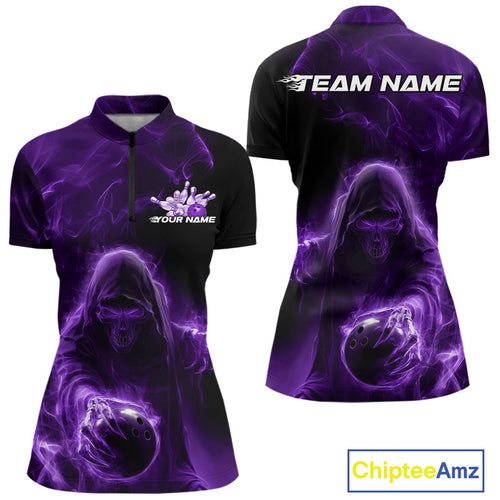 Custom Black And Purple Smoke Flame Grim Reaper Halloween Bowling Women Quarter-Zip Shirt IPHW9740