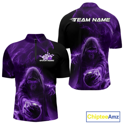 Custom Black And Purple Smoke Flame Grim Reaper Halloween Bowling Men Quarter-Zip Shirts IPHW9740