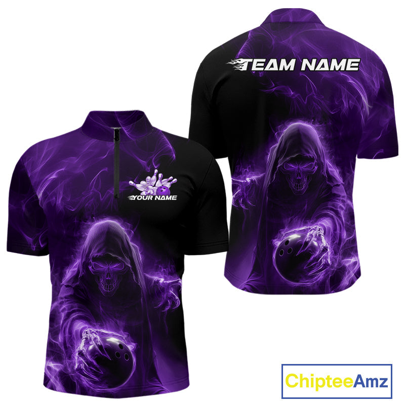 Custom Black And Purple Smoke Flame Grim Reaper Halloween Bowling Men Quarter-Zip Shirts IPHW9740