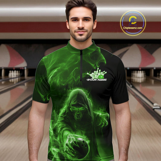 Custom Black And Green Smoke Flame Grim Reaper Halloween Bowling Men Quarter-Zip Shirts IPHW9741
