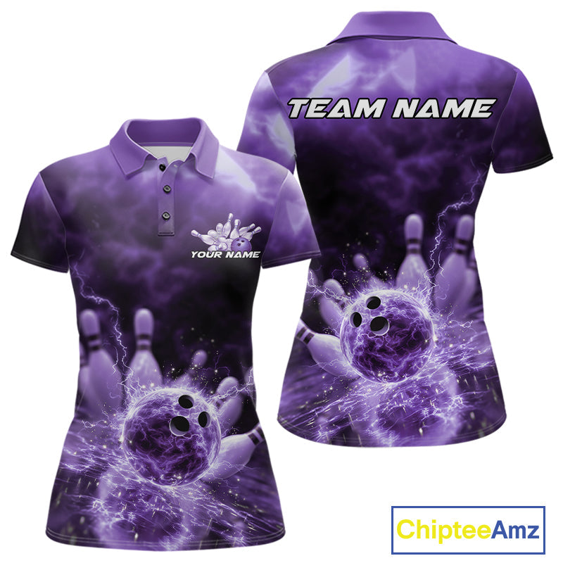 Custom Purple Thunder Lightning Bowling Team Women Polo Shirts, Bowling Jerseys IPHW9748