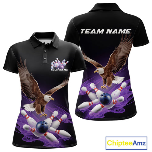 Custom Purple Flame Eagle Bowling Team Polo Shirts For Women, Bowling Tournament Shirt IPHW9369