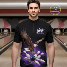Load image into Gallery viewer, Custom Purple Flame Eagle Bowling Team Quarter-Zip Shirts For Men, Bowling Tournament Shirt IPHW9369