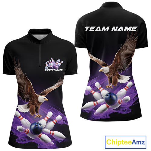 Custom Purple Flame Eagle Bowling Team Women Quarter-Zip Shirts, Bowling Tournament Shirt IPHW9369