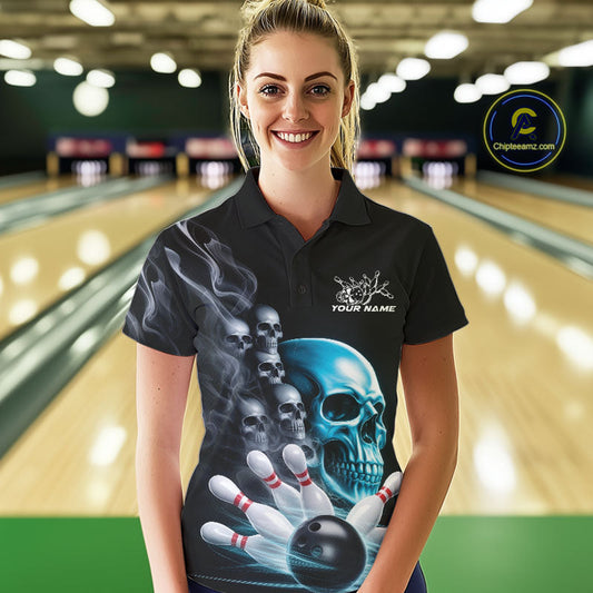 Custom Blue Glowing Ghostly Skull Bowling Polo Shirts For Women, Halloween Bowlers Outfit IPHW9515