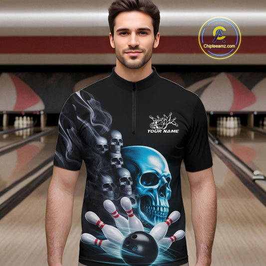 Custom Blue Glowing Ghostly Skull Bowling Quarter-Zip Shirts For Men, Halloween Bowlers Outfit IPHW9515